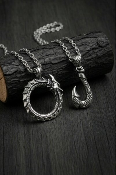 AB Takı 2Pcs Necklace Snake Dragon and Hook Design Pendant Fashion Necklace M...