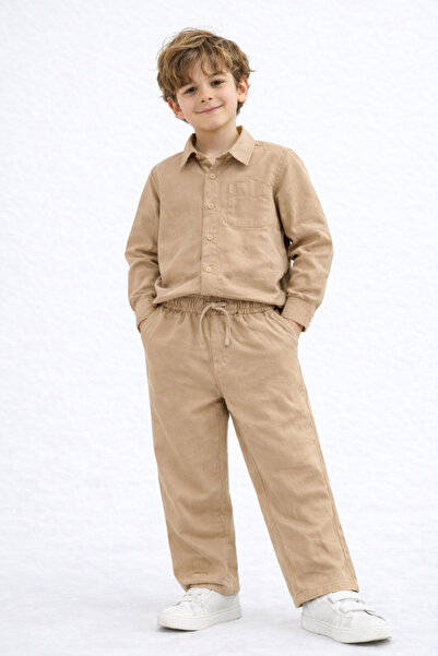 XICCOO Erkek Çocuk Bej Gömlek Pantolon Takım %100 Pamuk Rahat Kalıp Yazlık Şı...