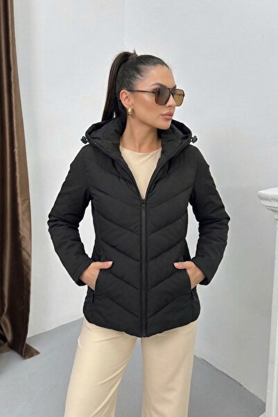 spirituel Γυναικείο μαύρο παλτό με κουκούλα και τσέπες στα μανίκια, κοντό φου...