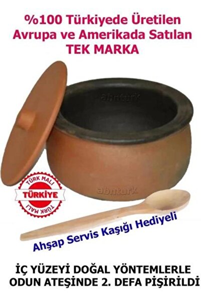 abnturk 26cm 6-9 Kişilik El Yapımı Kapaklı Toprak Güveç Tahta Servis Kaşığı H...