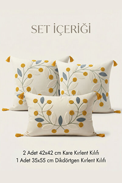 Punch Embroidered Decorative Pillow Set 2 Square 1 Rectangular Pillow Case 3pcs Boho Modern Living Room Set
