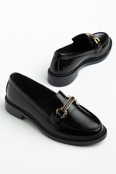 Entella Store Women's Loafer Belt Buckle Black Patent Leather Casual Shoes