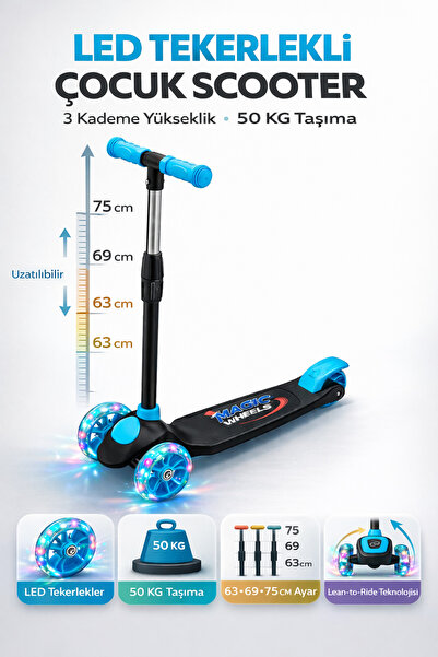 YILDIRIM OYUNCAK LED Işıklı Frenli 3 Tekerlekli Çocuk Twist Scooter - 3 Ayarl...