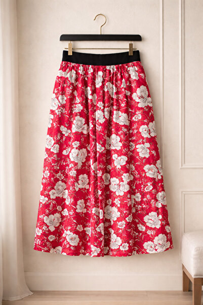 BBS Girl's Red Floral Patterned Unlined Skirt with Elastic Waist