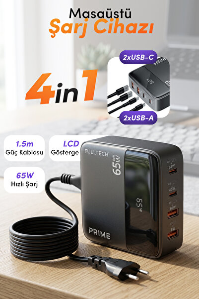 Fulltech FC55 65W GaN Masaüstü Şarj Cihazı 4’lü | 2x USB-C + 2x USB-A Hızlı Ş...