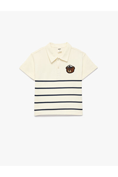 Koton Βαμβακερό μπλουζάκι με στάμπα αρκουδάκι, κοντομάνικο, ριγέ, με λαιμόκοψ...