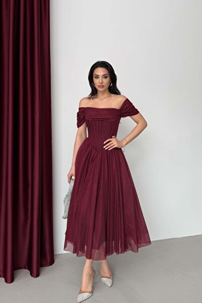 Serica Moda Βουργουνδί χρώματος Γκλοπλού Σιμλί Μίντι Βραδινό Φόρεμα