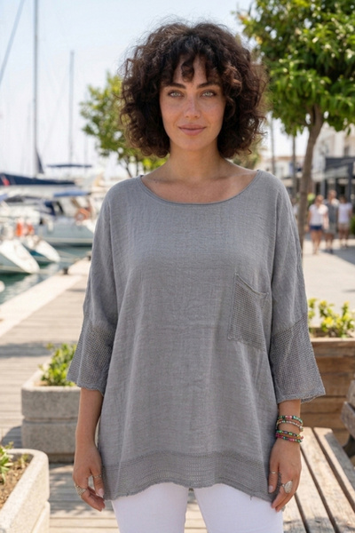 Chiccy Γκρι μπλούζα με λαιμόκοψη ποδηλάτου, μανίκια 3/4, με διχτυωτή λεπτομέρ...