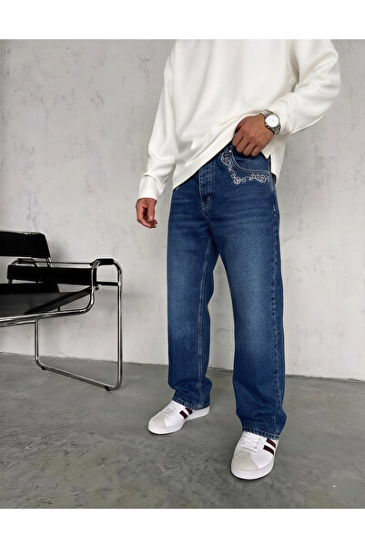 Wonraces Pantaloni din denim pentru bărbați, cu croială largă și detaliu brod...