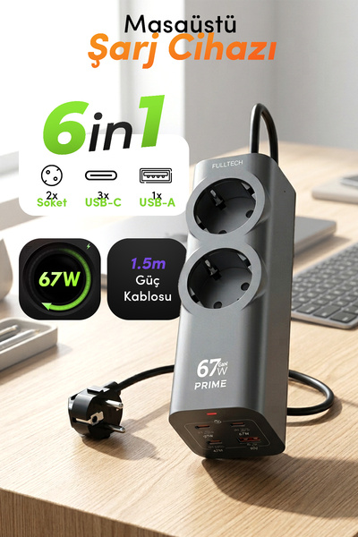 Fulltech FC54 67W GaN Masaüstü Şarj İstasyonu | 3x USB-C + USB-A + 2 Prizli P...