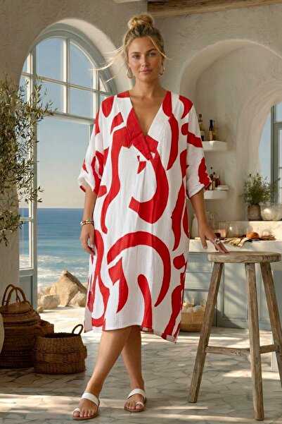 Chiccy Ιταλικό κόκκινο-λευκό φόρεμα με λαιμόκοψη V, με κουμπιά, μακρυμάνικο, ...