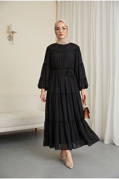 Modamorfo Φόρεμα σιφόν με στρογγυλή λαιμόκοψη και μανίκια μπαλόνι - μαύρο