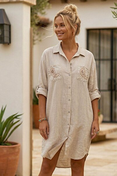 Chiccy Ιταλικό μπεζ πουκάμισο με γιακά με κουμπιά, μανίκι 3/4, διπλές τσέπες,...