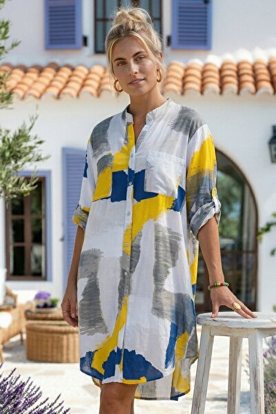 Chiccy Ιταλικό κίτρινο-μπλε-λευκό φόρεμα με γιακά με κουμπιά, μακρυμάνικο, με...