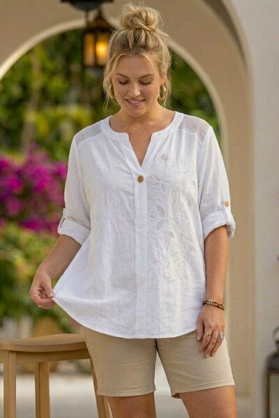 Chiccy Bluză din bumbac țesut, cu guler alb italian, cu nasturi, mâneci 3/4, ...