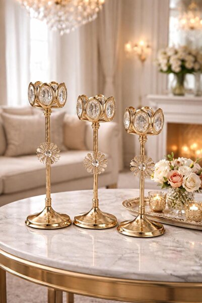 Monoart 3 Lü Kristal Taşlı Metal Şamdan Mumluk Seti Lüks Dekoratif Salon Akse...