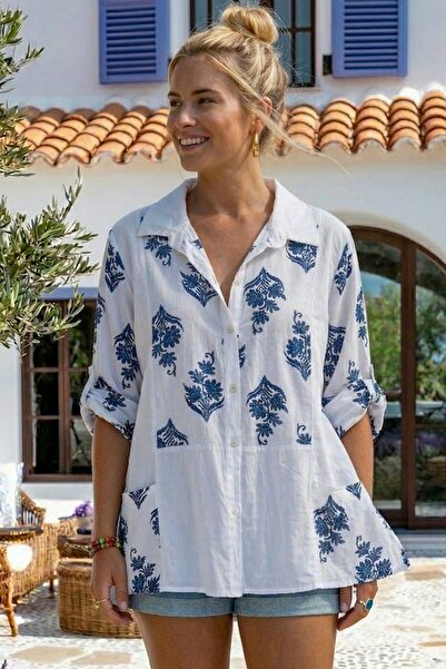 Chiccy Cămașă italiană alb-albastru, cu guler, cu nasturi, cu mânecă lungă, c...