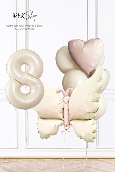 PEKSHOP Retro Krem Kelebek Tema Doğum Günü Balon Zinciri 8 Yaş Balonlu Balon ...