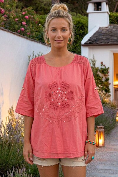 Chiccy Bluză țesută supradimensionată, roz închis, italiană, cu guler tip pis...