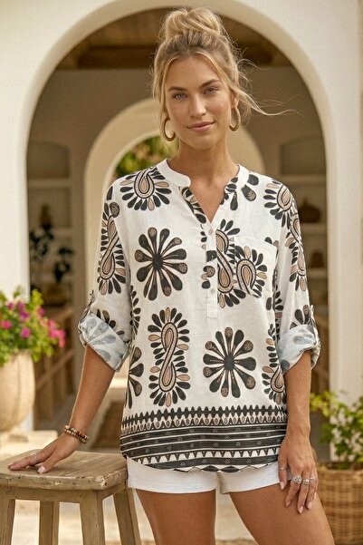 Chiccy Ιταλικό λευκό-μπεζ μακρυμάνικο υφαντό βαμβακερό μπλούζα με σχέδια, με ...