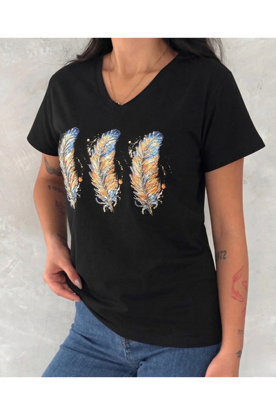 MetuCA Γυναικείο μαύρο βαμβακερό μπλουζάκι με λαιμόκοψη V, τριπλό σχέδιο με φ...