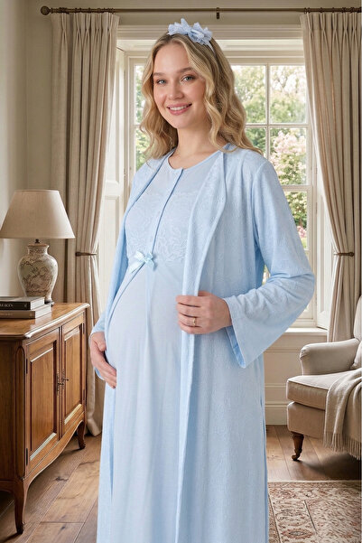 Lohusa Homewear Νέα σεζόν Μπλε Ζακάρ Καλοκαιρινό Σετ Νυχτικό με Κουμπιά και Γ...