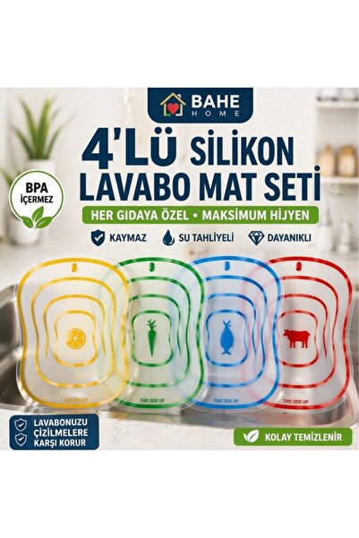 bahe home 4’lü Lavabo Mat Seti Hijyenik Evye Koruyucu Kaymaz Su Tahliyeli Et ...