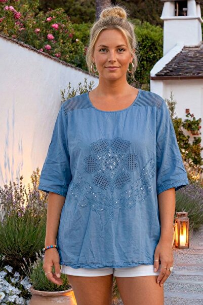 Chiccy Bluză din bumbac țesut supradimensionat, albastru italian, cu guler ti...