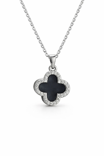 Clariss 316L Steel Silver Color Black Enamel Zircon Stone Clover Figured Neck...