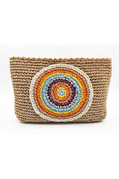 DERYASSHANDMADE Kadın Renkli Daire Motifli Kağıt İp Clutch - Etnik Tasarım El...