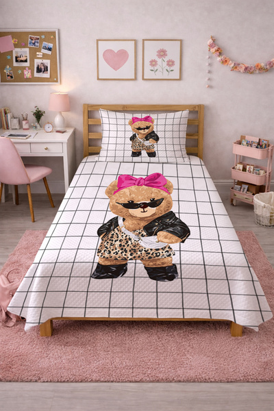 Evmila Καρό Σετ Νεανικού Πικέ με Χαριτωμένη Φιγούρα Αρκουδάκι-Μοντέρνο Καπιτο...