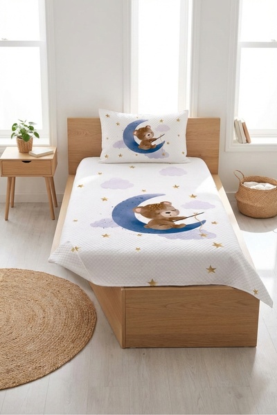 Evmila Σετ Παιδικού Πικέ με Σχέδια Αρκουδάκι, Φεγγάρι, Αστέρι και Σύννεφα - Κ...