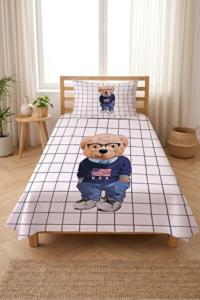 Evmila Cute Teddy Bear Checkered Single Pique Set - Cute Animal Themed Navy B...