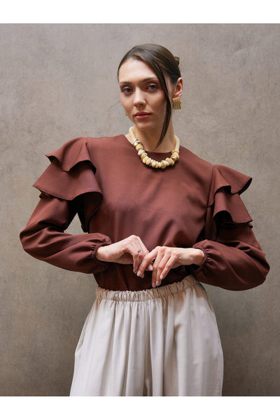 KÜÇÜĞÜM BUTİK Καφέ Μπλούζα Κρεπ με Βολάν