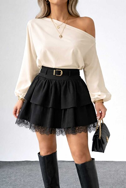 lubiti Lace Detailed Belted Imported Crepe Fabric Mini Skirt
