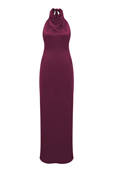 Mozto Halley Halter Yaka Maxi Bordo Saten Elbise