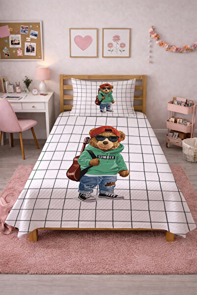 Evmila Καρό χαριτωμένο σετ πικέ με φιγούρες αρκουδάκια - Μοντέρνο λευκό πράσι...