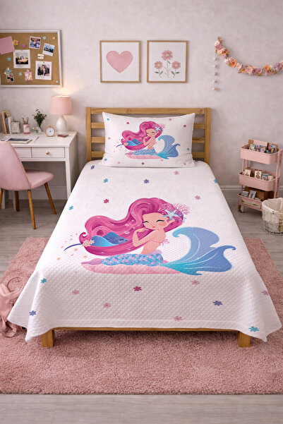 Evmila Σετ κλινοσκεπασμάτων Mermaid Wave Floral Junior Pique - Καπιτονέ κάλυμ...