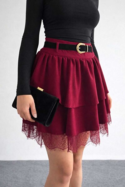 lubiti Lace Detailed Belted Imported Crepe Fabric Mini Skirt