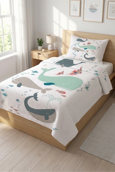 Evmila Παιδικό σετ πικέ για ένα άτομο με θέμα το υποβρύχιο φάλαινα και τον ωκ...