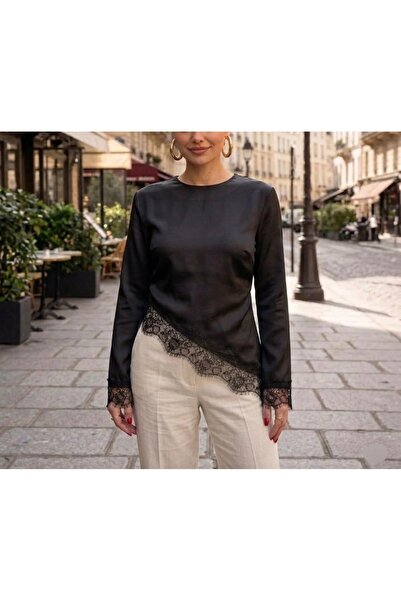 Butik Asimetrik Kesim Dantelli Saten Bluz