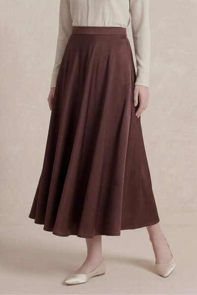 Lavix Brown Women's Flared Skirt High Waist Midi Flowy Stylish Casual Office Skirt