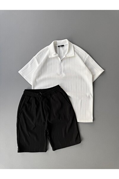 Baycombine35 Raporlu Ottoman Fabric White T-Shirt + Black Shorts 2-Piece Top ...
