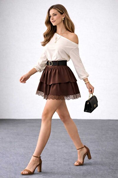 lubiti Lace Detailed Belted Imported Crepe Fabric Mini Skirt