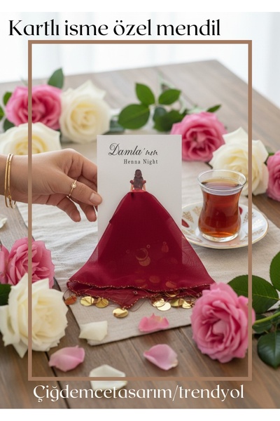 çiğdemcetasarım Kartlı Hediyelik Kırmızı Halay Mendili 5 Adet, Gelin Damat Dü...