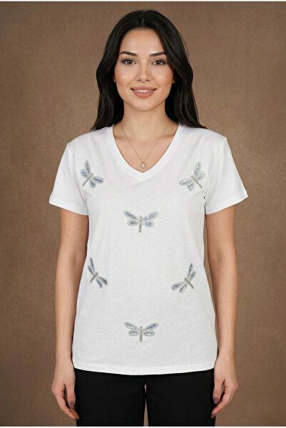 MetuCA Women's White V-Neck Dragonfly Beaded Embroidered and Embossed Embroid...