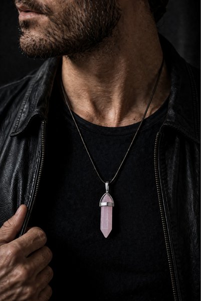İyyaKee Natural Light Pink Stone Necklace – Stylish and Energy-Infusing Necklace with Quartz Crystal Tip