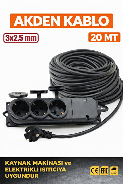 AKDEN Kablo 20 Metre 3x2,5mm 3*Lü Uzatma Kablosu Tam Kesit Kaynak Makinası Ku...