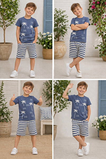 kahkaha kids Αγόρια Σετ με μπλουζάκι με στάμπα φοίνικα και ριγέ σορτς, μπλε κ...