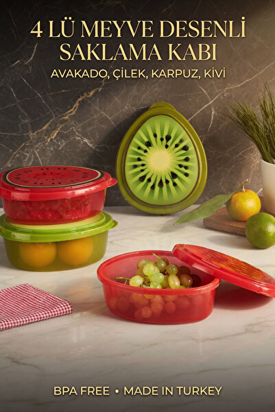 GENCHOME HOMEWARE 4’lü Meyve Desenli Saklama Kabı Seti 800 ML | Avokado, Çile...
